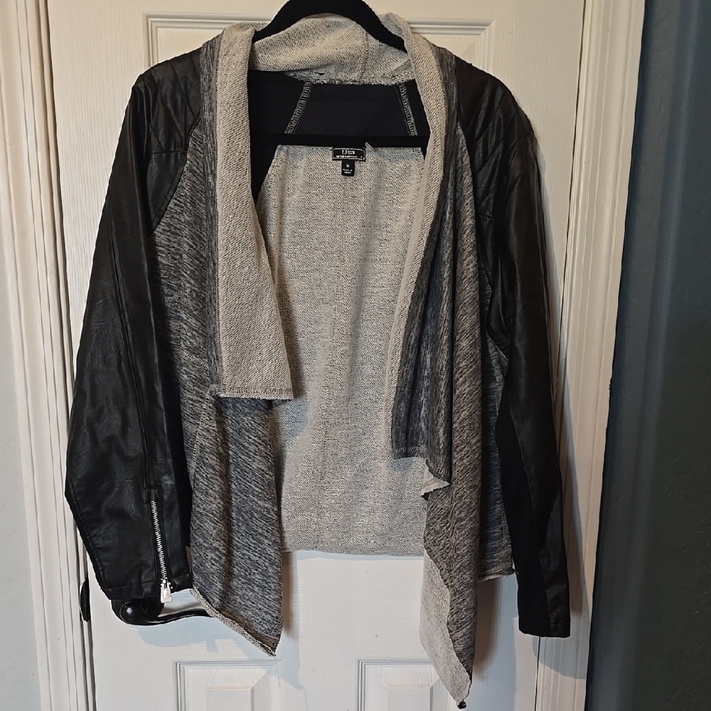 Faux Black Leather and Gray Open Front Jacket